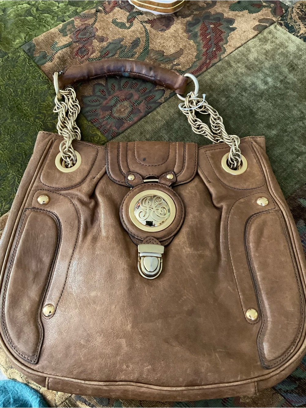 Y2K Juicy Couture Brown Leather Shoulder Bag with Gold Hardware